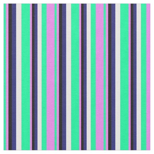 Green, Violet, Black, Midnight Blue & White Lines Fabric (Close Up)