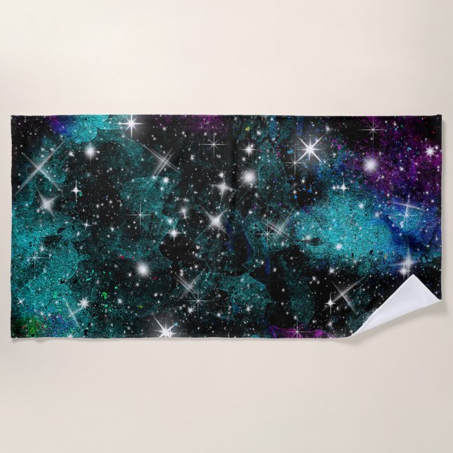 Green Violet Galaxy Star Milky Way Beach Towel (Front)