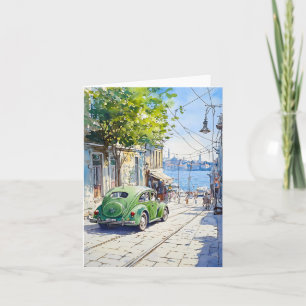 Green Volkswagen In Watercolors Card