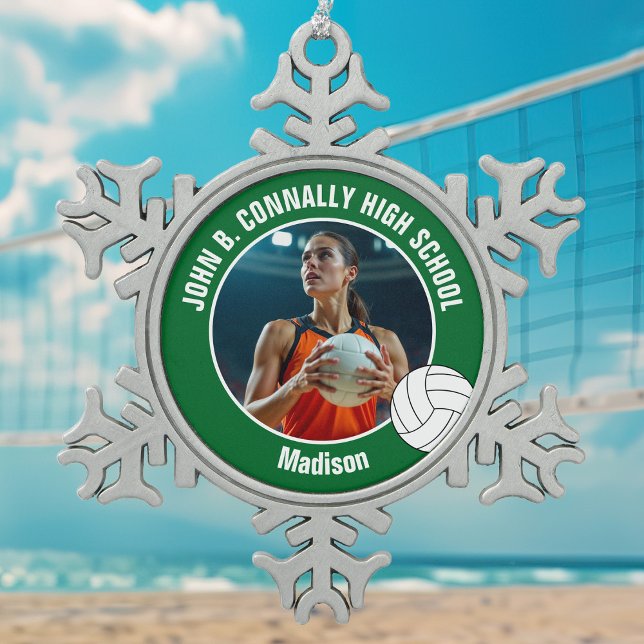 Green Volleyball Player Photo High School Snowflake Pewter Christmas Ornament (Creator Uploaded)