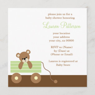 Green Wagon Bear Baby Shower Invitation