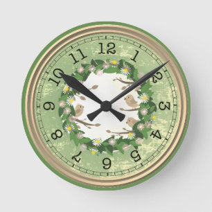 Green Wall Clock with Birds and Flowers