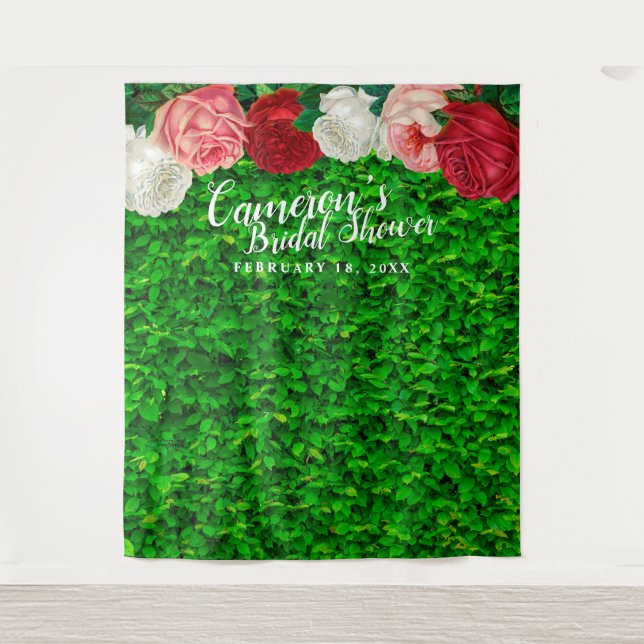 Green Wall Garden Floral Bridal Shower Backdrop Tapestry (Front)