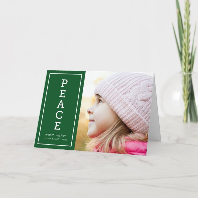 Green Warm Wishes Peace Modern Holiday Photo Card (Front)
