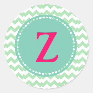Green water Chevron, Editable monogram Classic Round Sticker