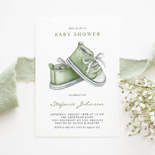 Green Watercolor Baby Shoes Baby Shower Invitation