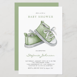 Green Watercolor Baby Shoes Baby Shower Invitation