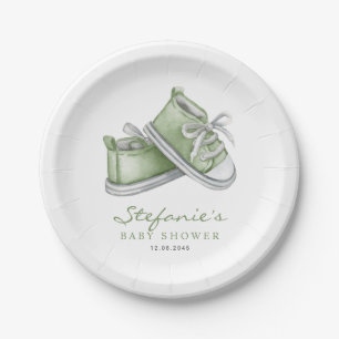 Green Watercolor Baby Shoes Baby Shower Paper Plate