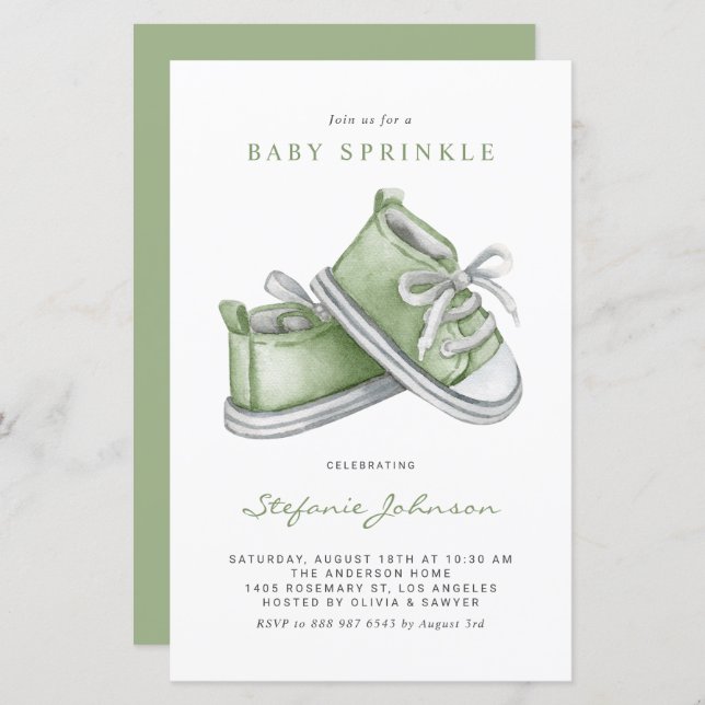 Green Watercolor Baby Shoes Baby Sprinkle Invite (Front/Back)