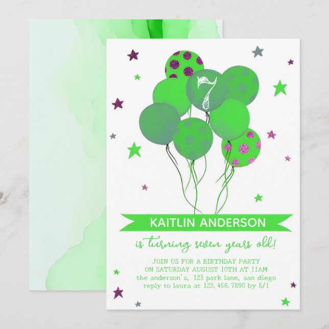 Green Watercolor Balloons Girl 7th Birthday Party  Invitation (Front/Back)