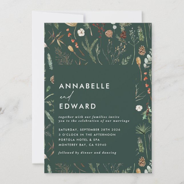 Green watercolor botanical autumn winter elegant invitation (Front)