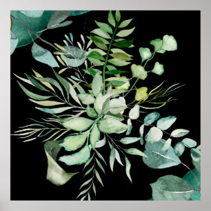 Green Watercolor Botanical Leaves and Flowers Poster