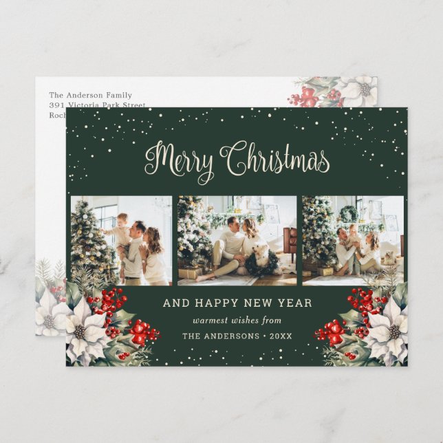 Green Watercolor Botanical Snow Photo Collage Holiday Postcard (Front/Back)