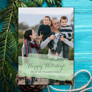 Green Watercolor Brushstroke Holiday Photo Card