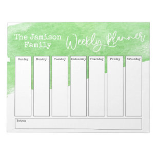 Green Watercolor Brushstroke Weekly Planner Notepad