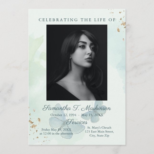 Green Watercolor Butterfly Funeral Services Program (Front)
