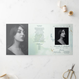 Green Watercolor Butterfly Funeral Services Tri-Fold Programme