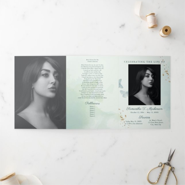 Green Watercolor Butterfly Funeral Services Tri-Fold Programme (Outside)