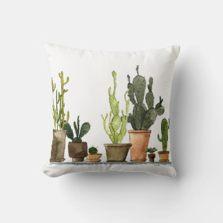 Green Watercolor Cacti: Hand Drawn Pots Cushion
