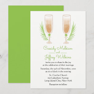 Green Watercolor Champagne Wine Glasses Wedding Invitation