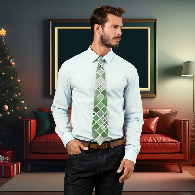Green Watercolor Chequered Design Tie (A modern design tie featuring a checkered pattern with a watercolor effect in green grey hues)