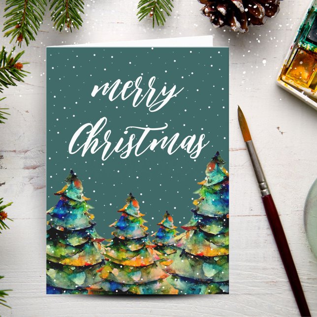 Green Watercolor Christmas Tree Snowflakes  Holiday Card (Creator Uploaded)