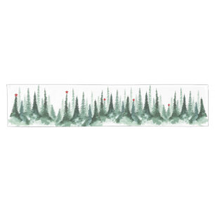 Green Watercolor Christmas  Trees with Red Stars Short Table Runner