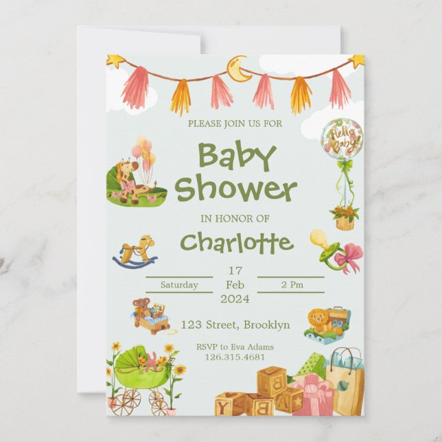 Green Watercolor Colourful Animals Baby Shower Invitation (Front)