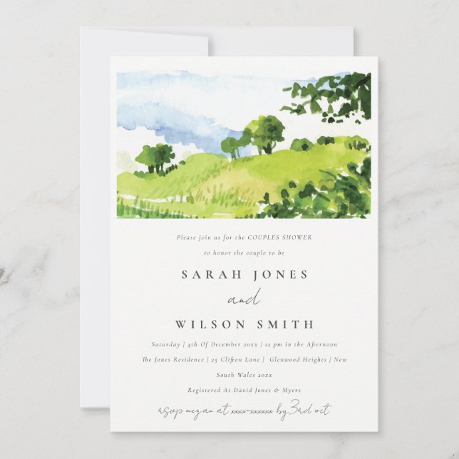 Green Watercolor Countryside Hills Couples Shower Invitation (Front)