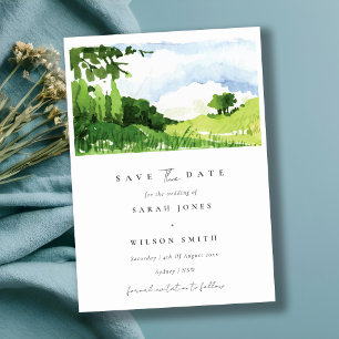 Green Watercolor Countryside Hills Save The Date Invitation