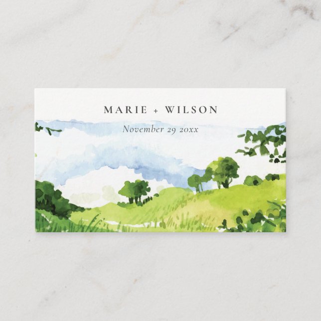 Green Watercolor Countryside Hills Wedding Welcome Enclosure Card (Front)