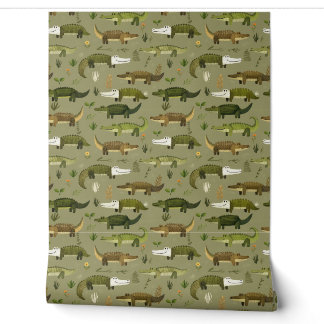 Green Watercolor Crocodile Scene Wallpaper