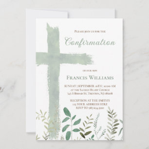 green watercolor cross Confirmation Invitation