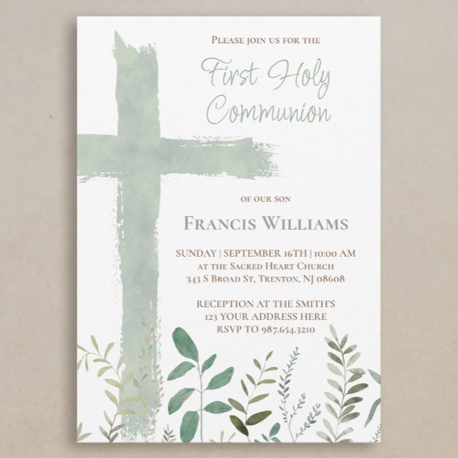 green watercolor cross First Communion Invitation (Creator Uploaded)