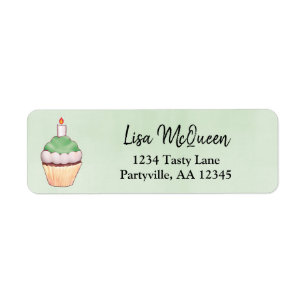 Green Watercolor Cupcake Birthday Address Return Address Label