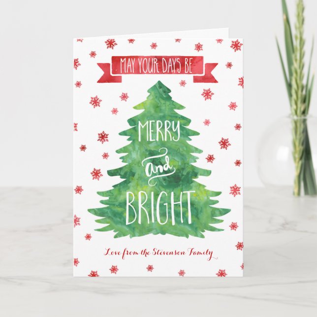 Green Watercolor Custom Merry & Bright Christmas Holiday Card (Front)
