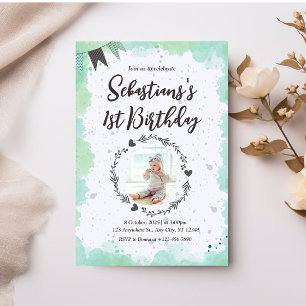 Green Watercolor Cute 1st Birthday Invitation
