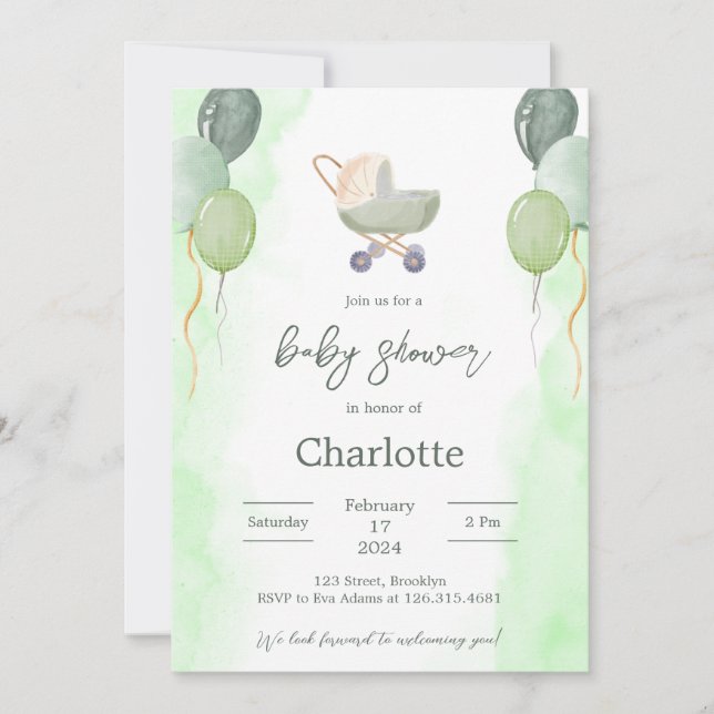 Green Watercolor Cute Baby Shower Invitation (Front)