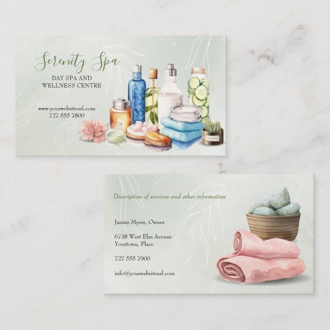 Green Watercolor Day Spa and Wellness Business Card (Front/Back)