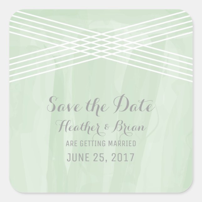 Green Watercolor Deco Save the Date Square Sticker (Front)