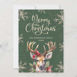 Green Watercolor Deer Merry Christmas Holiday Card