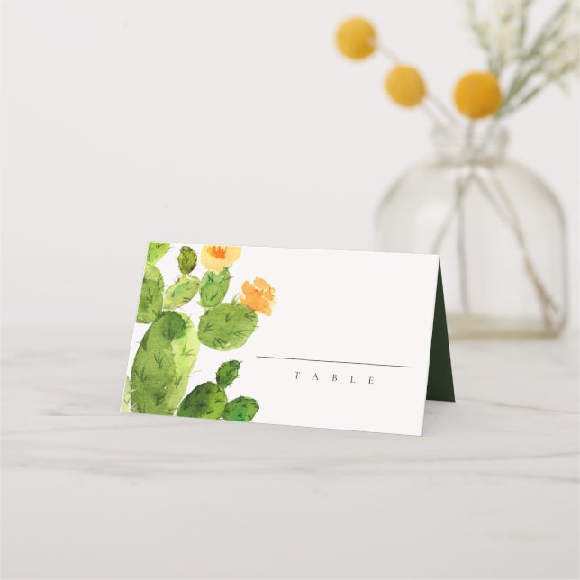 GREEN WATERCOLOR DESERT CACTUS FLOWER MONOGRAM PLACE CARD (Front)