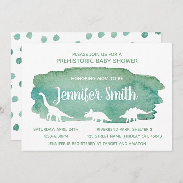 Green Watercolor Dinosaur Baby Shower Invitation (Front/Back)