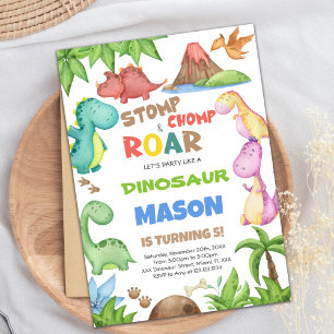 Green Watercolor Dinosaur Birthday Invitations