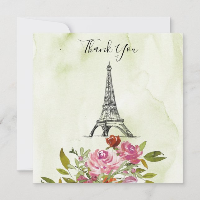 Green Watercolor Eiffel Tower Wedding Thank You Invitation (Front)