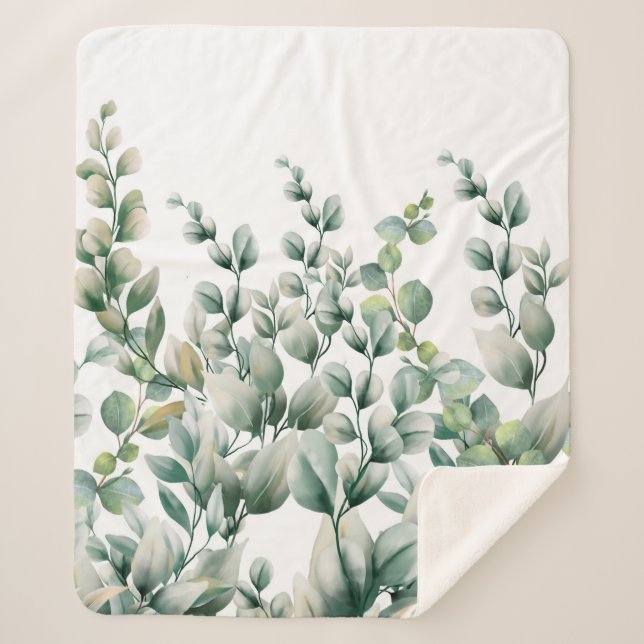 Green Watercolor Eucalyptus Leaf Sherpa Blanket (Front)