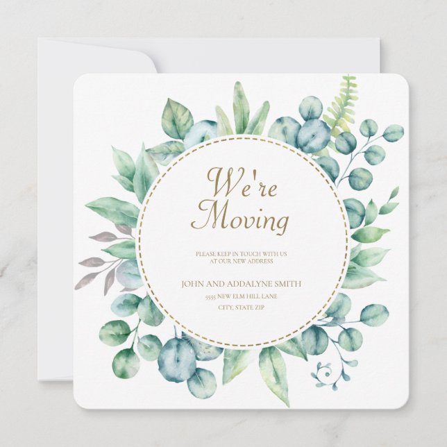 Green Watercolor Eucalyptus Leaves Change Address (Front)