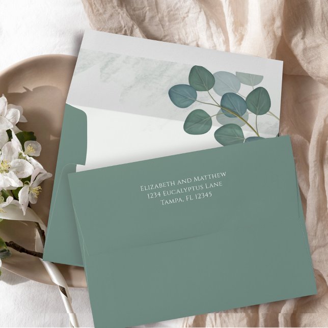 Green Watercolor Eucalyptus Leaves Custom Envelope (Eucalyptus greenery envelope with return address template.)