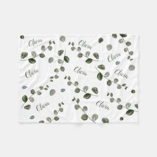 Green Watercolor Eucalyptus Repeated Baby Name Fleece Blanket