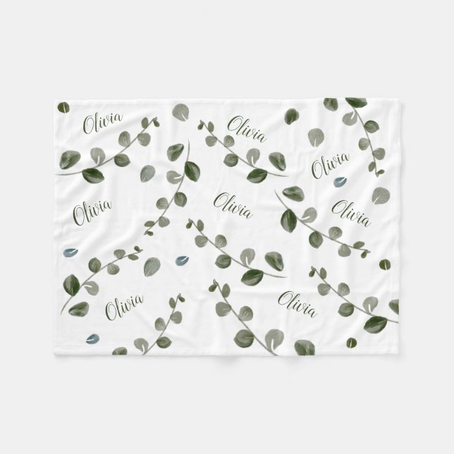 Green Watercolor Eucalyptus Repeated Baby Name Fleece Blanket (Front (Horizontal))